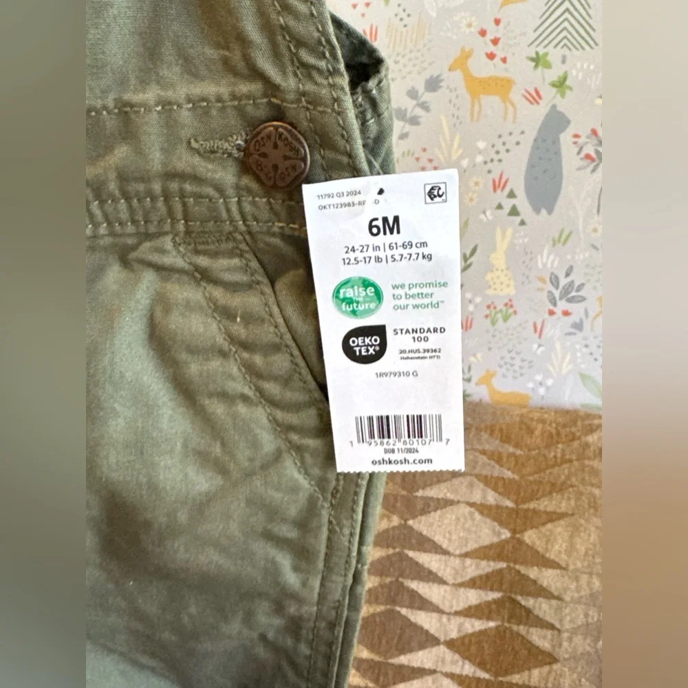 NWT Oshkosh baby B’gosh 6 Month Airplane Lined/ Cuff Army Green Vestbak Overalls